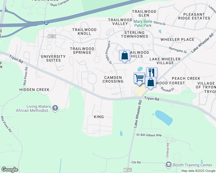 map of restaurants, bars, coffee shops, grocery stores, and more near 2840 Barrymore Street in Raleigh