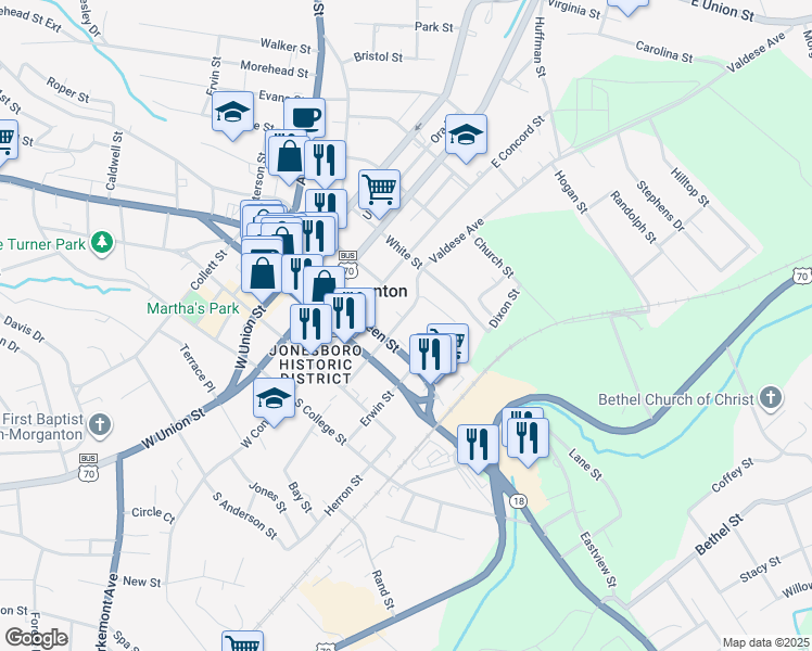 map of restaurants, bars, coffee shops, grocery stores, and more near 310A/F White Street in Morganton