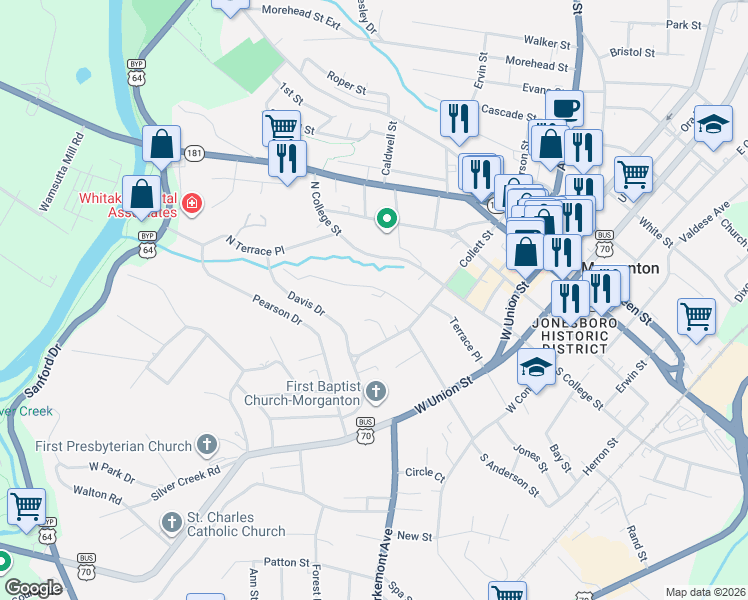 map of restaurants, bars, coffee shops, grocery stores, and more near 226 North Anderson Street in Morganton