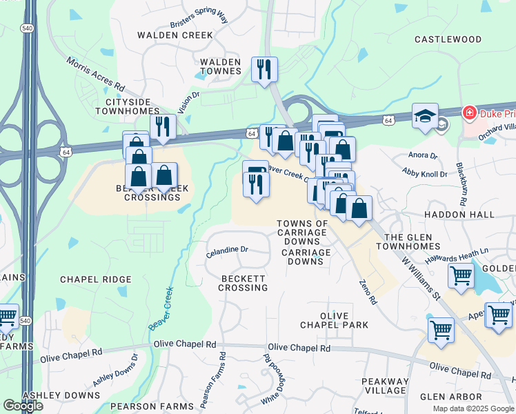 map of restaurants, bars, coffee shops, grocery stores, and more near 1201 Beaver Creek Commons Drive in Apex