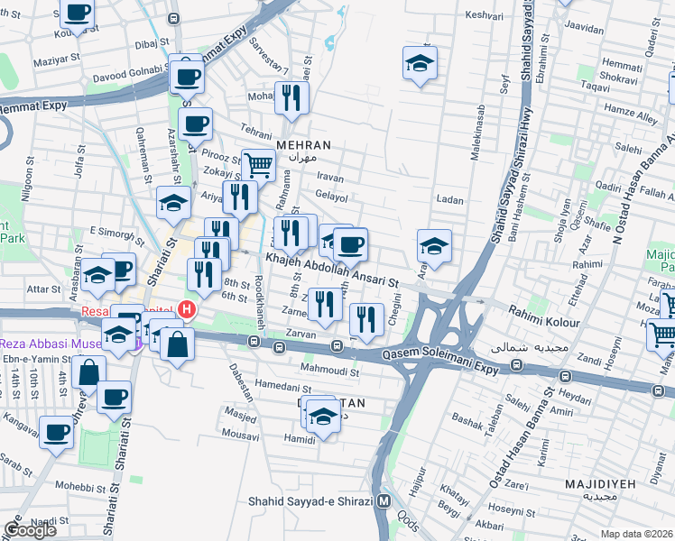 map of restaurants, bars, coffee shops, grocery stores, and more near Khajeh Abdollah Ansari in Tehran