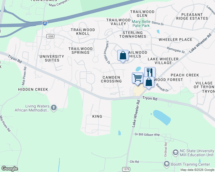 map of restaurants, bars, coffee shops, grocery stores, and more near 3011 Barrymore Street in Raleigh