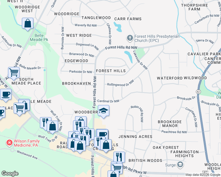 map of restaurants, bars, coffee shops, grocery stores, and more near 1104 Rollingwood Drive Northwest in Wilson