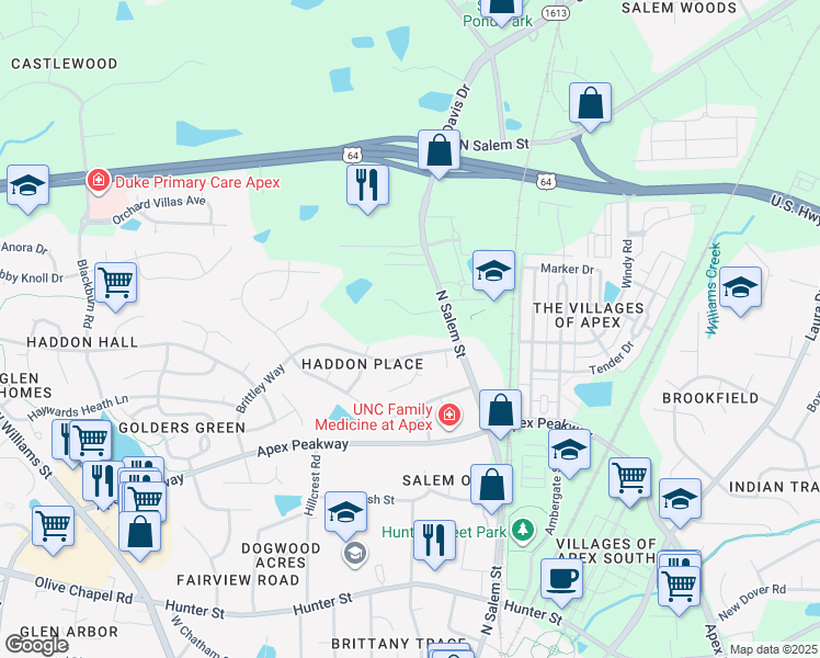 map of restaurants, bars, coffee shops, grocery stores, and more near 1201 North Salem Street in Apex