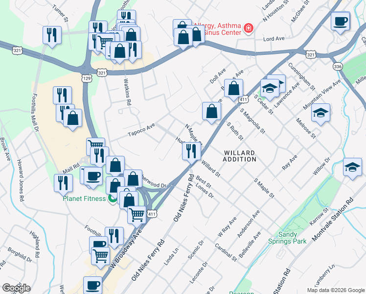map of restaurants, bars, coffee shops, grocery stores, and more near 206 Hudson Street in Maryville