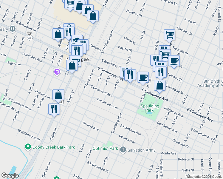 map of restaurants, bars, coffee shops, grocery stores, and more near 228 South C Street in Muskogee