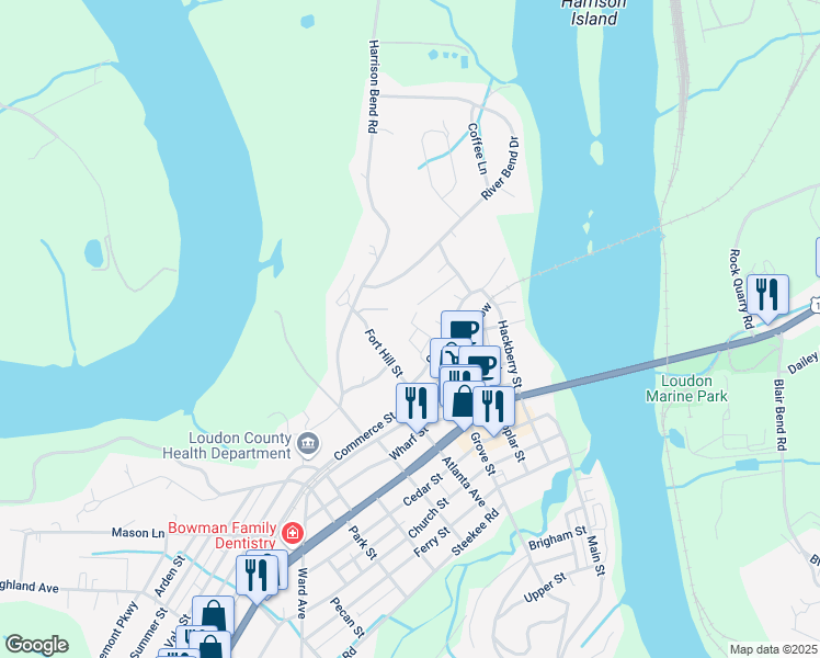 map of restaurants, bars, coffee shops, grocery stores, and more near 199 Hill Street in Loudon