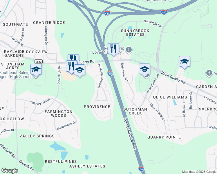 map of restaurants, bars, coffee shops, grocery stores, and more near 2427 Shepherd Valley Street in Raleigh