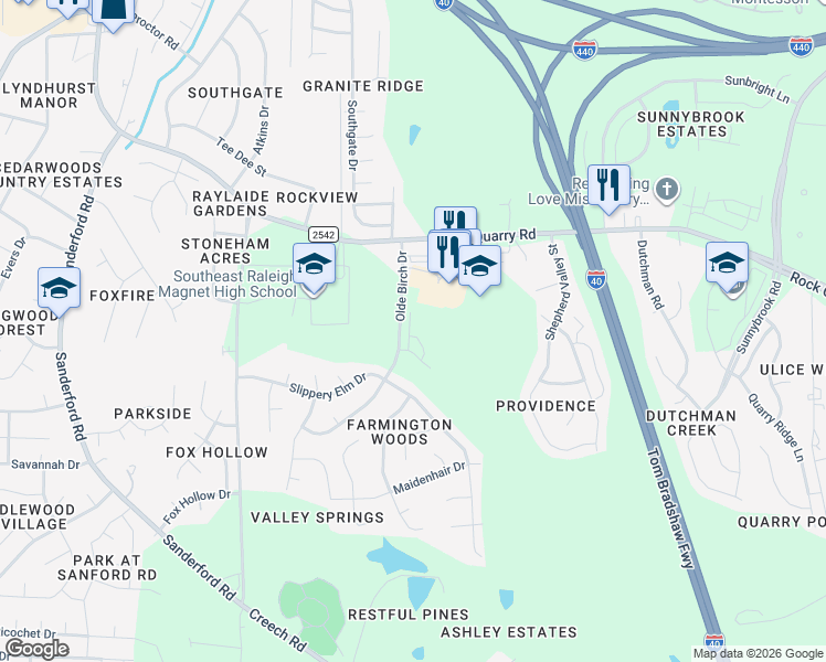 map of restaurants, bars, coffee shops, grocery stores, and more near 3404 Olde Birch Drive in Raleigh