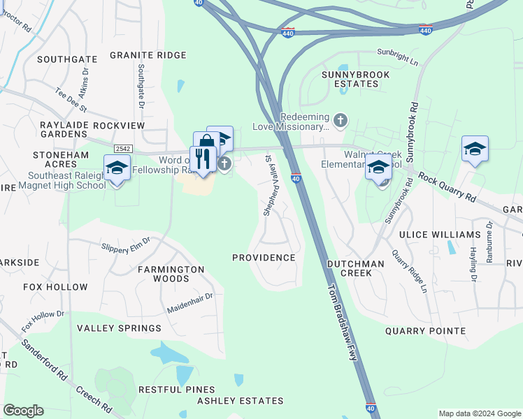 map of restaurants, bars, coffee shops, grocery stores, and more near 2506 Shepherd Valley Street in Raleigh