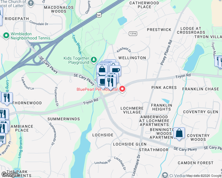 map of restaurants, bars, coffee shops, grocery stores, and more near 6470 State Road 1009 in Cary