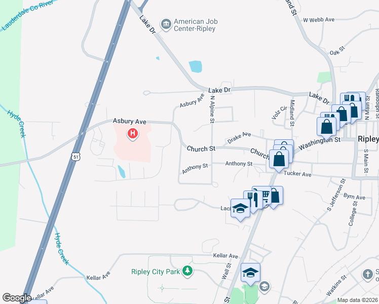 map of restaurants, bars, coffee shops, grocery stores, and more near 283 Church Street in Ripley