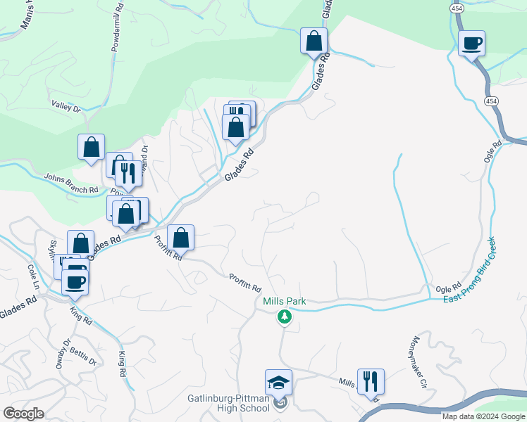 map of restaurants, bars, coffee shops, grocery stores, and more near 449 PA Proffitt Road in Gatlinburg