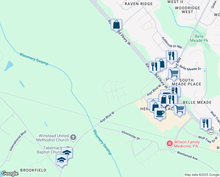 map of restaurants, bars, coffee shops, grocery stores, and more near 3807 Cessna Way in Wilson