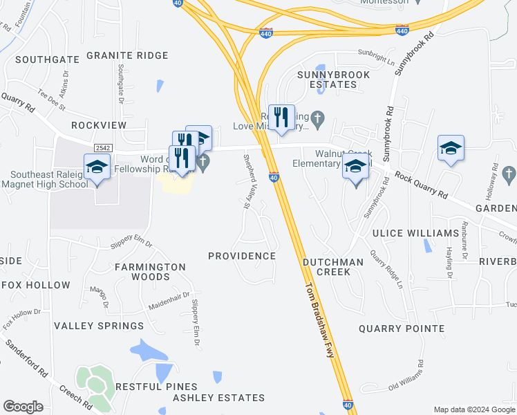 map of restaurants, bars, coffee shops, grocery stores, and more near 2418 Saviour Street in Raleigh