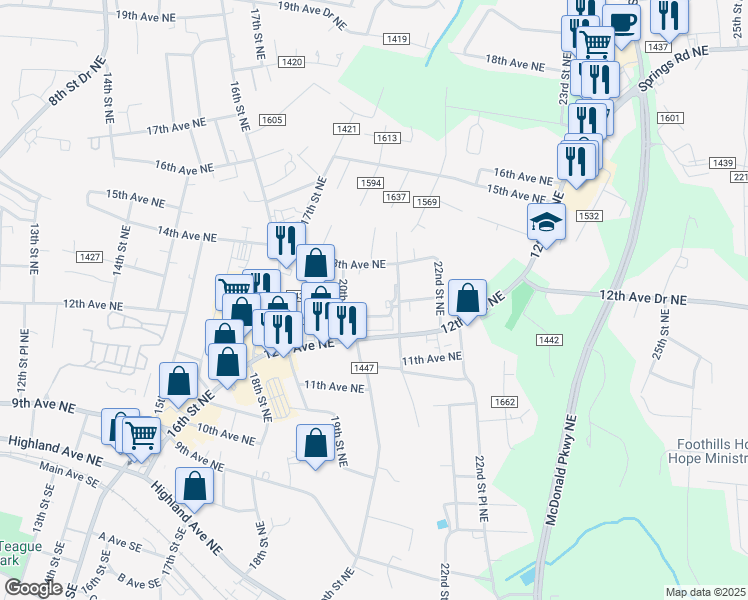 map of restaurants, bars, coffee shops, grocery stores, and more near 1265 21st Street Northeast in Hickory