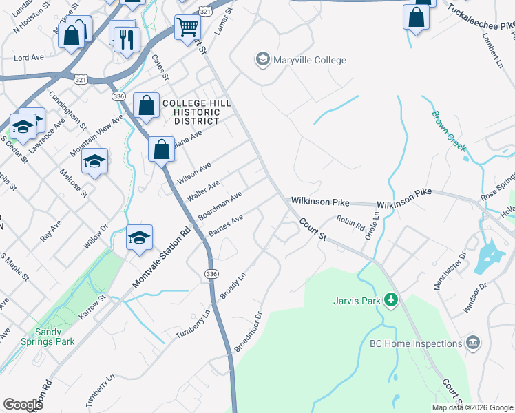 map of restaurants, bars, coffee shops, grocery stores, and more near 199 Barnes Avenue in Maryville