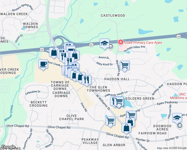 map of restaurants, bars, coffee shops, grocery stores, and more near 233 Eyam Hall Lane in Apex