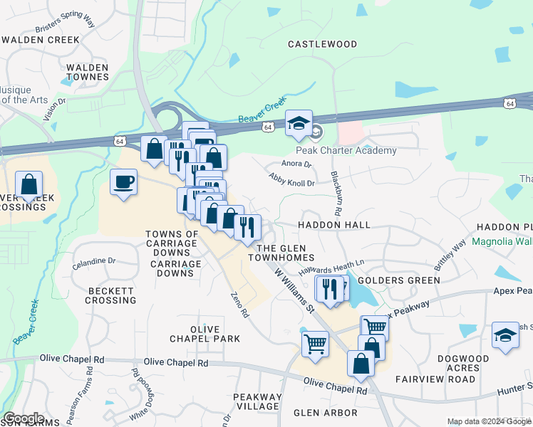 map of restaurants, bars, coffee shops, grocery stores, and more near 233 Eyam Hall Lane in Apex