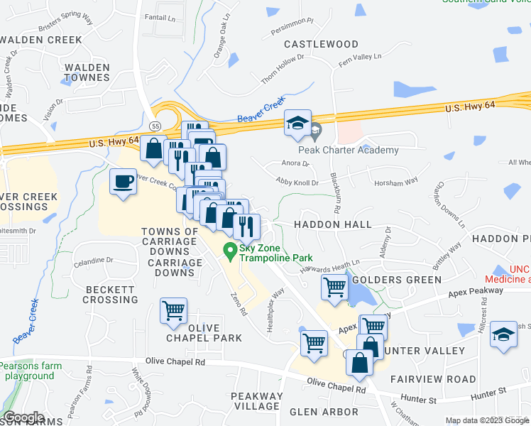 map of restaurants, bars, coffee shops, grocery stores, and more near 1100 Eastleigh Court in Apex