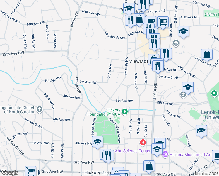 map of restaurants, bars, coffee shops, grocery stores, and more near 330 8th Avenue Drive Northwest in Hickory