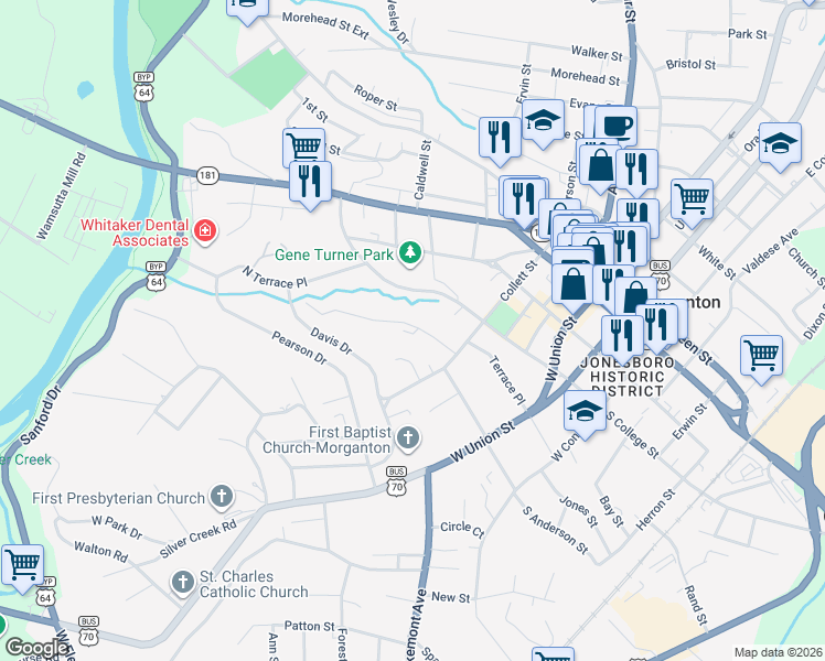 map of restaurants, bars, coffee shops, grocery stores, and more near 220 North Anderson Street in Morganton