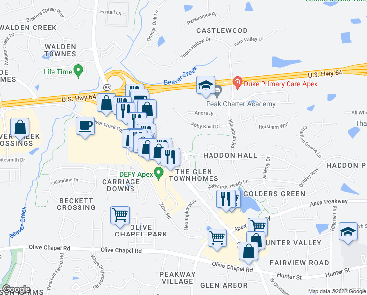 map of restaurants, bars, coffee shops, grocery stores, and more near 1100 Eastleigh Court in Apex