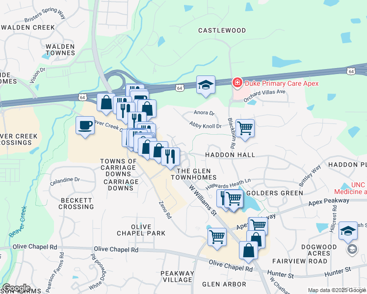 map of restaurants, bars, coffee shops, grocery stores, and more near 1100 Eastleigh Court in Apex
