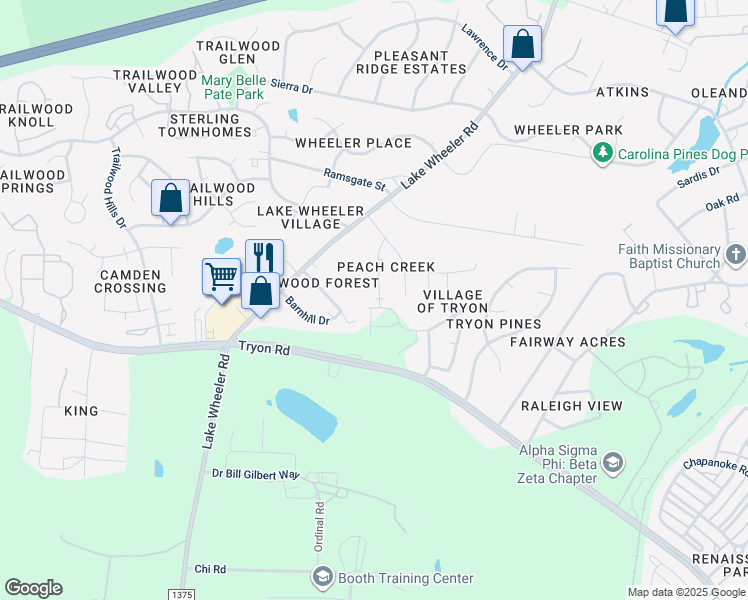 map of restaurants, bars, coffee shops, grocery stores, and more near 1904 Tischer Road in Raleigh