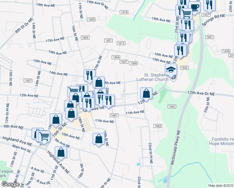 map of restaurants, bars, coffee shops, grocery stores, and more near 1265 21st Street Northeast in Hickory