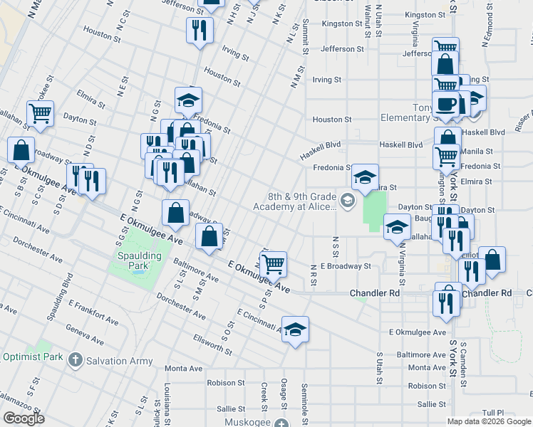 map of restaurants, bars, coffee shops, grocery stores, and more near 325 North N Street in Muskogee