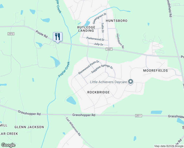 map of restaurants, bars, coffee shops, grocery stores, and more near 5220 Sapphire Springs Drive in Knightdale