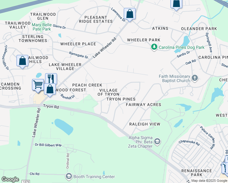 map of restaurants, bars, coffee shops, grocery stores, and more near 1924 Betry Place in Raleigh