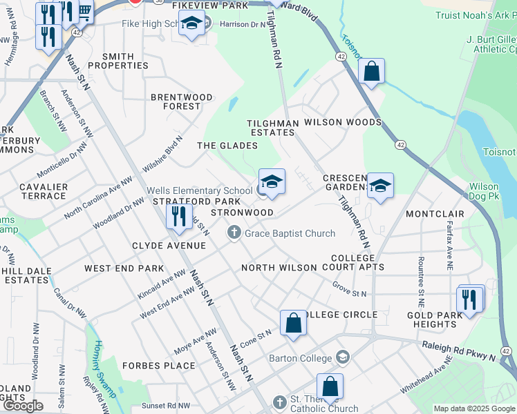 map of restaurants, bars, coffee shops, grocery stores, and more near 1400 Grove Street North in Wilson