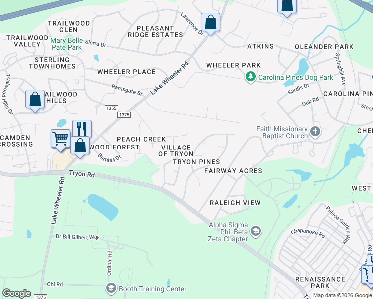 map of restaurants, bars, coffee shops, grocery stores, and more near 1920 Betry Place in Raleigh