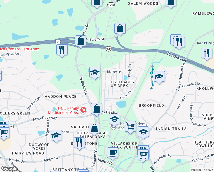 map of restaurants, bars, coffee shops, grocery stores, and more near 951 Branch Line Lane in Apex