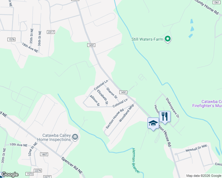 map of restaurants, bars, coffee shops, grocery stores, and more near 4087 Section House Road in Hickory