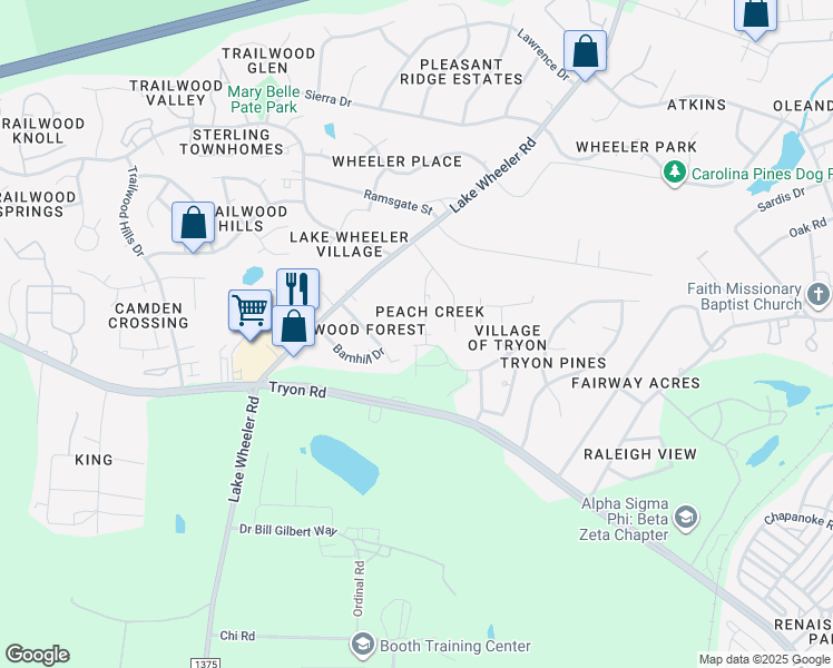 map of restaurants, bars, coffee shops, grocery stores, and more near 1904 Tischer Road in Raleigh