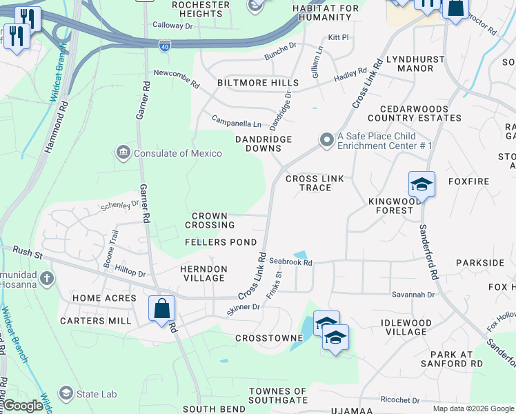map of restaurants, bars, coffee shops, grocery stores, and more near 1017 Cross Link Road in Raleigh