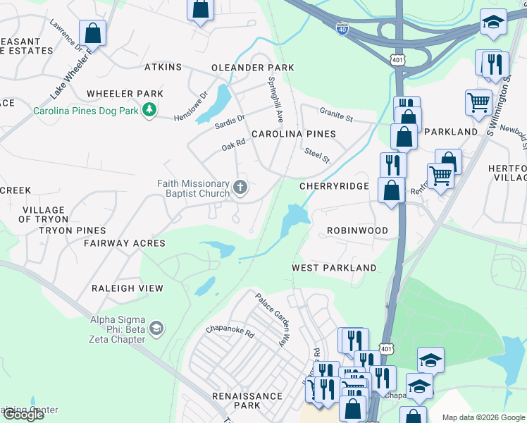 map of restaurants, bars, coffee shops, grocery stores, and more near 815 Suffolk Boulevard in Raleigh