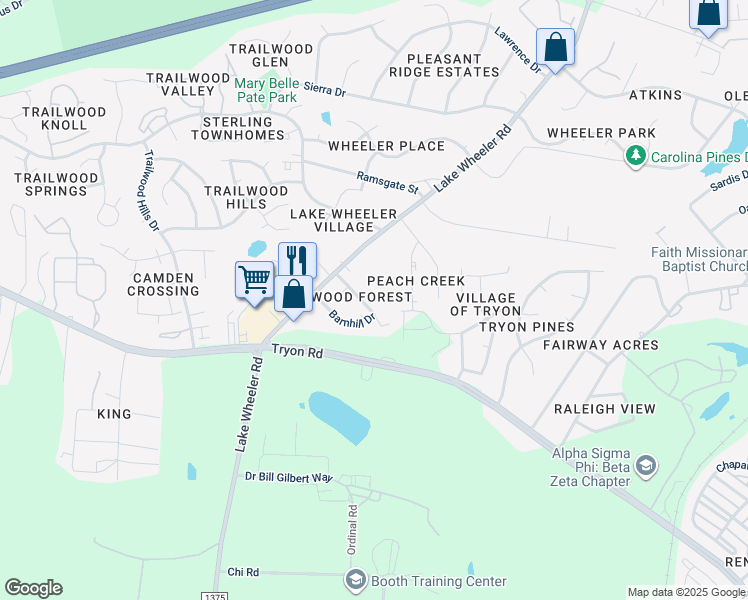 map of restaurants, bars, coffee shops, grocery stores, and more near 2501 Lake Wheeler Road in Raleigh