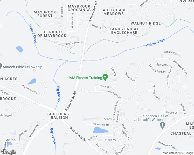 map of restaurants, bars, coffee shops, grocery stores, and more near 2055 South New Hope Road in Raleigh