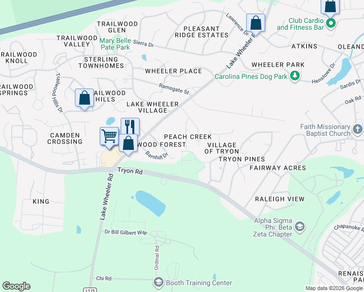 map of restaurants, bars, coffee shops, grocery stores, and more near 1904 Tischer Road in Raleigh