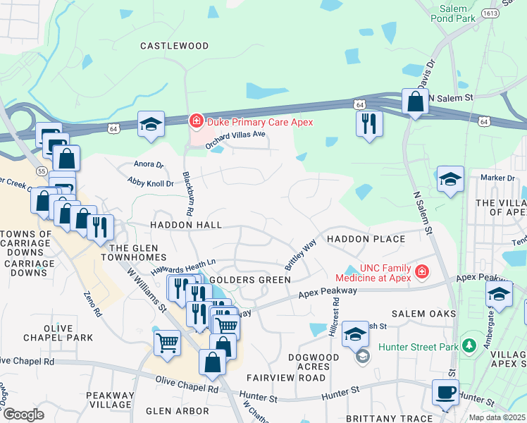 map of restaurants, bars, coffee shops, grocery stores, and more near 906 North York Court in Apex