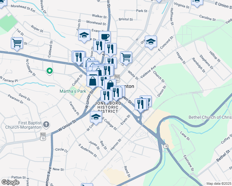 map of restaurants, bars, coffee shops, grocery stores, and more near in Morganton