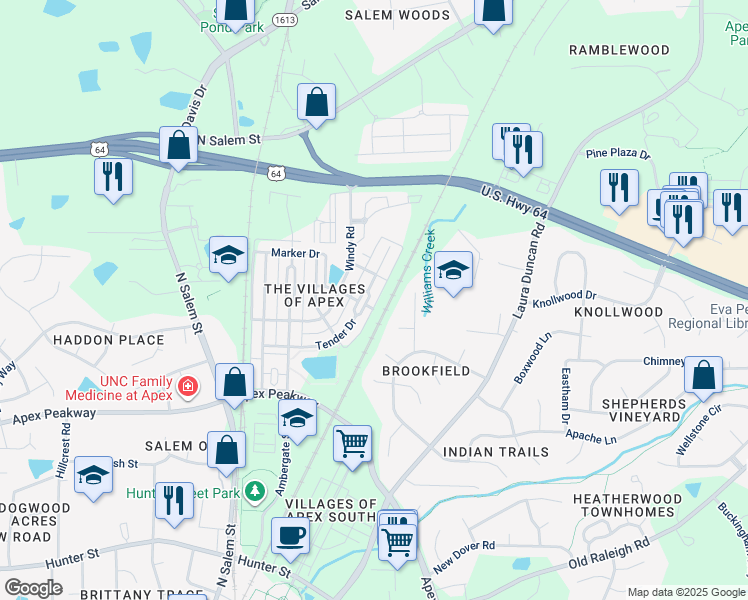 map of restaurants, bars, coffee shops, grocery stores, and more near 993 Tender Drive in Apex