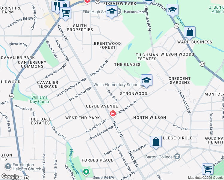 map of restaurants, bars, coffee shops, grocery stores, and more near 1601 Adams Street North in Wilson