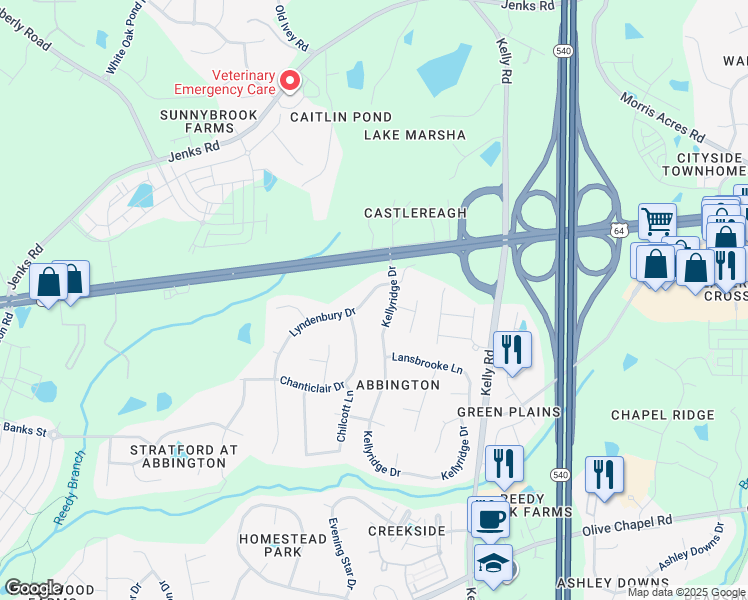 map of restaurants, bars, coffee shops, grocery stores, and more near 106 Lyndenbury Drive in Apex