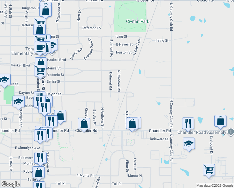 map of restaurants, bars, coffee shops, grocery stores, and more near 2700 Dayton Street in Muskogee
