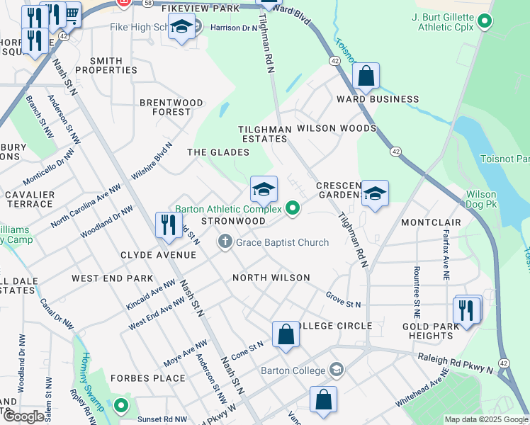map of restaurants, bars, coffee shops, grocery stores, and more near 1400 Grove Street North in Wilson